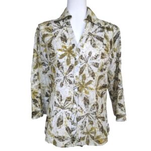 Harve Benard Blouse Blazer Linen Blend 3/4 Sleeve Floral Green White Size M
